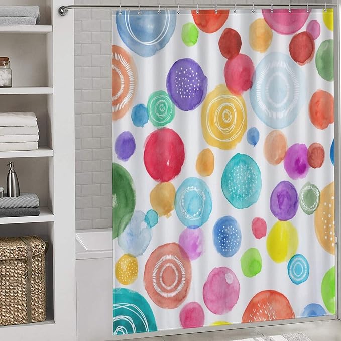 Colorful Shower Curtain for Girls Bathroom, Watercolor Rainbow Cartoon Abstract Circle Polka Dots Splashes Cute for Baby Kids Waterproof Fabric Shower Curtain Set with Hooks, 72"x78" Inch