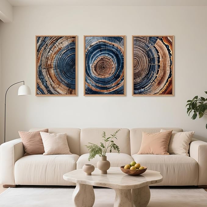 Colorful Tree Rings Framed Canvas Wall Art Set,Abstract Blue and Brown Wood Grain Wall Decor,Nature Modern Annual Ring Texture Artwork for Living Room,Bedroom-16 x24 x3