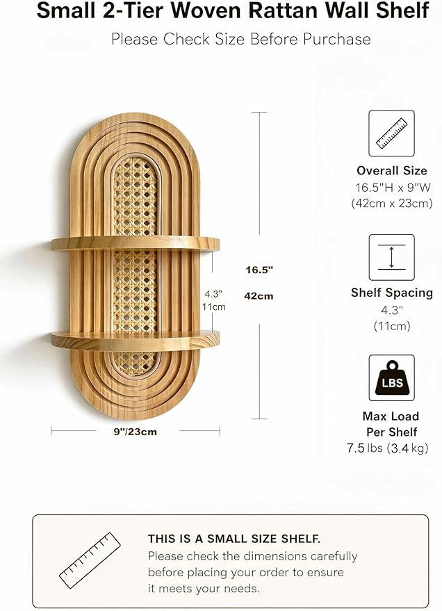 2-Tier Woven Rattan Floating Shelves, Mid-Century Modern Boho Wooden Wall Hanging Decor Plant Shelf for Living Room, Bedroom, Bathroom, Home Office, Ideal for Small Planters & Accents (Natural)