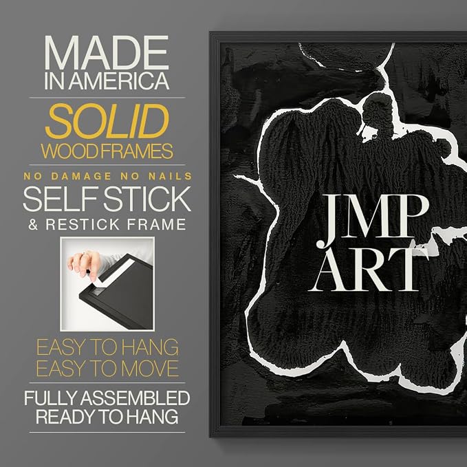 Renditions Gallery Set of 2 Peel & Stick Framed Prints, Fluid Abstract Wall Art, Black and White Inkblot Wall Decor, Re-Stickable - Ready to Hang - 22"x28" - Black Frame LT588