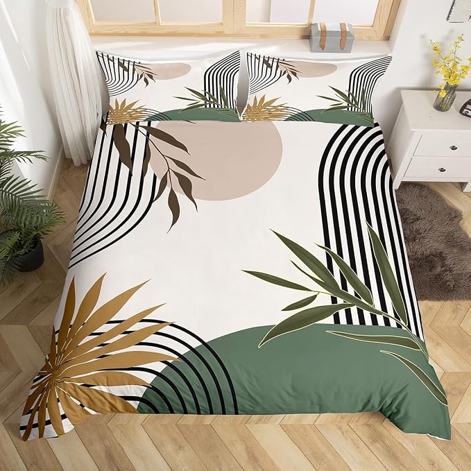 Erosebridal Abstract Green Modern Duvet Cover Queen for Kids Teens Adults,Geometric Plant Leaves Comforter Cover,Mid Century Aesthetic Bedding Set,Minimalist Simple Bed Set 3 Pcs Bedroom Decor