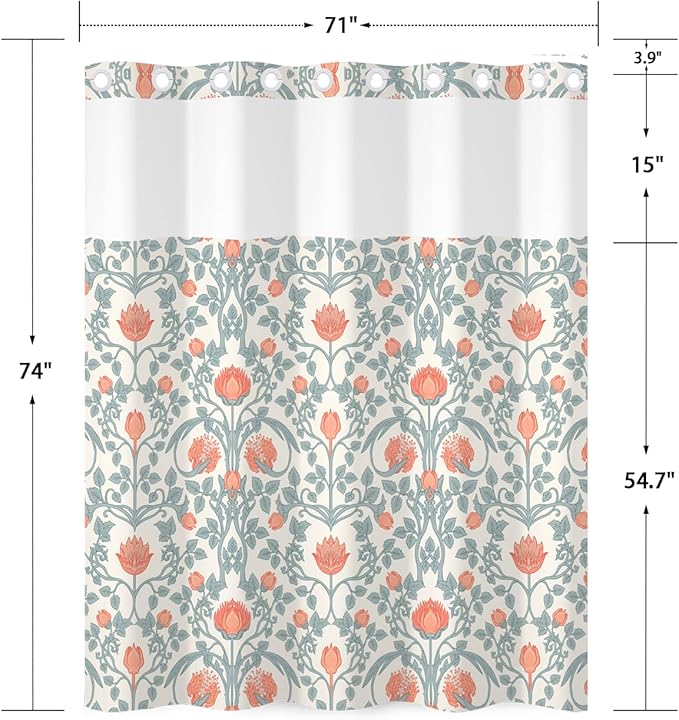 No Hook Shower Curtain with Snap in Liner Set - Vintage Coral Floral & Botanical Pattern Shower Curtains for Cottagecore Farmhouse Bathroom, Mesh Top Waterproof Bath Tub Curtain, 71Wx74H