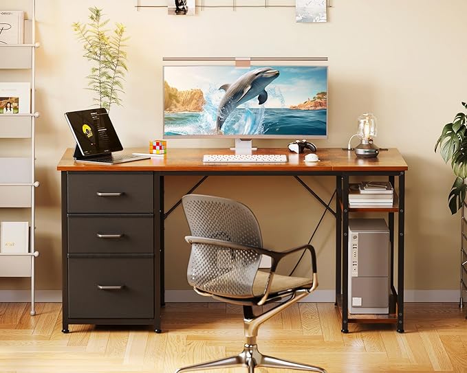 AODK 51 Inch Computer Desk with Drawers & USB Power Outlets, Reversible Home Office Desk with Storage Shelves, Work from Home, Modern Work/Writing/Study Table for Bedroom, Vintage