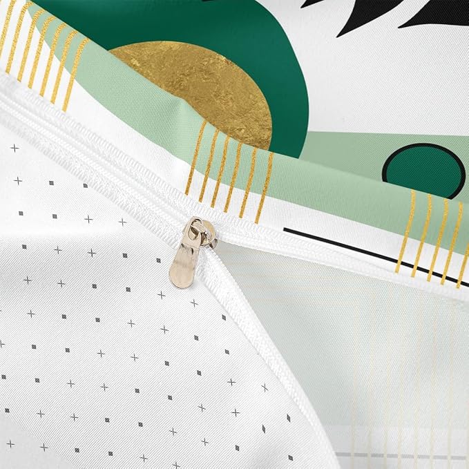 Erosebridal Green and White Abstract Boho Duvet Cover King Size Minimalist Aesthetic Neutral Comforter Cover Mid Century Modern Bedding Set Botanical Leaves Geometric Bed Set