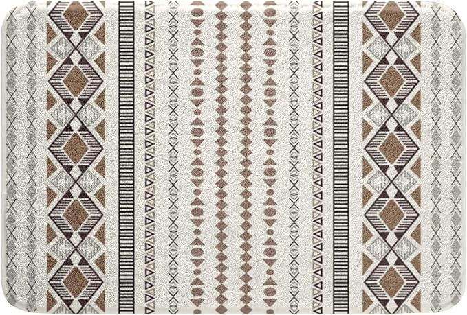 Feelyou Boho Aztec Bath Rugs 16"x24" Western Bohemian Striped Bathroom Rugs Brown White Bath Mats for Bathroom Women Girls Soft Non Slip West Cowboy Traditional Theme Bathroom Accessoriess