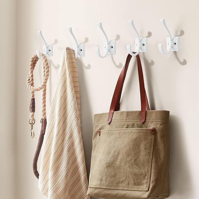 Large Wall Hooks 10 Pack White Coat Hooks Hardware Towel Hooks for Hanging Coats 4.35 Inch Double Robe Hooks Wall Mounted with Screws for Key, Towel, Bags, Cup, Hat