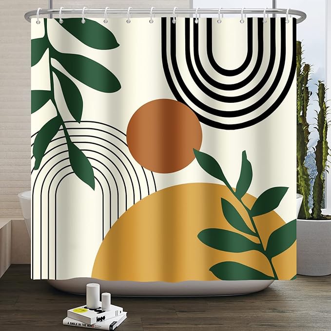 Baocicco Boho Mid Century Shower Curtain Sun Leaves Modern Abstract Geometric Aesthetic Shower Curtains for Bathroom Bathtubs Waterproof Fabric Shower Curtain with Hooks 72x84 Inches