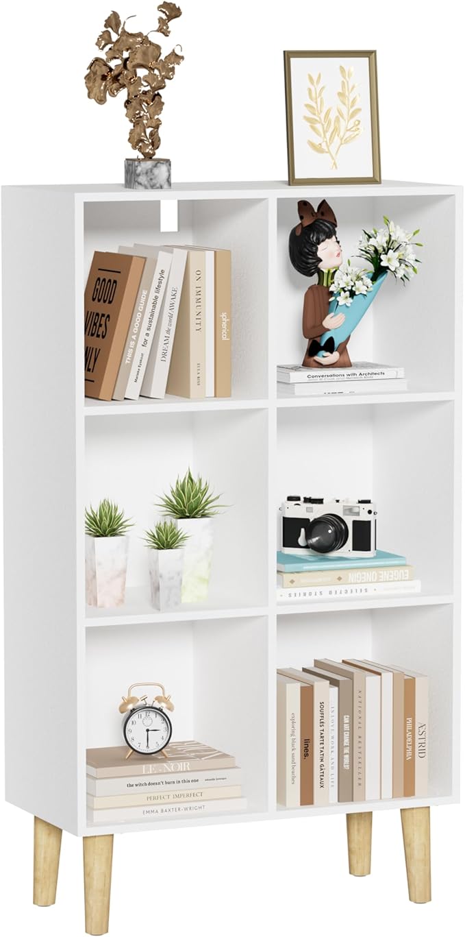6 Cube Bookcase, Wooden Book Shelf Cube Storage Organizer with Legs, 3 Tier Bookshelf Freestanding Open Shelves for Bedroom, Living Room and Home Office (White, 6 Cube Vertical)