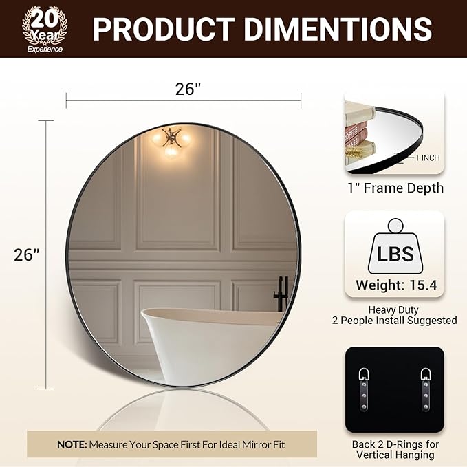 ANDY STAR Round Wall Mirror, 26" Black Round Mirror Metal Framed, Modern Metal Frame Bathroom Vanity Mirror (Matte Black Finish)