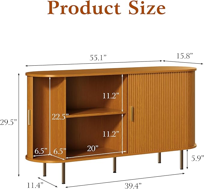 DHH Sideboard Buffet Cabinet with Storage,Mid Century Modern Fluted Accent Coffee Bar Console Table,Tambour Sliding Doors& Adjustable Shelf for Kitchen, Living Room, Entryway(Yellow Walnut 55 Inch)