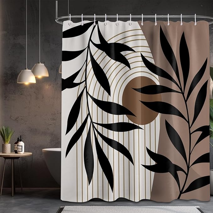 Boho Brown Shower Curtain Mid Century Dark Brown Shower Curtains for Bathroom Decor, Black and Tan Waterproof Cloth Fabric with Hooks, 70" W x 84" L