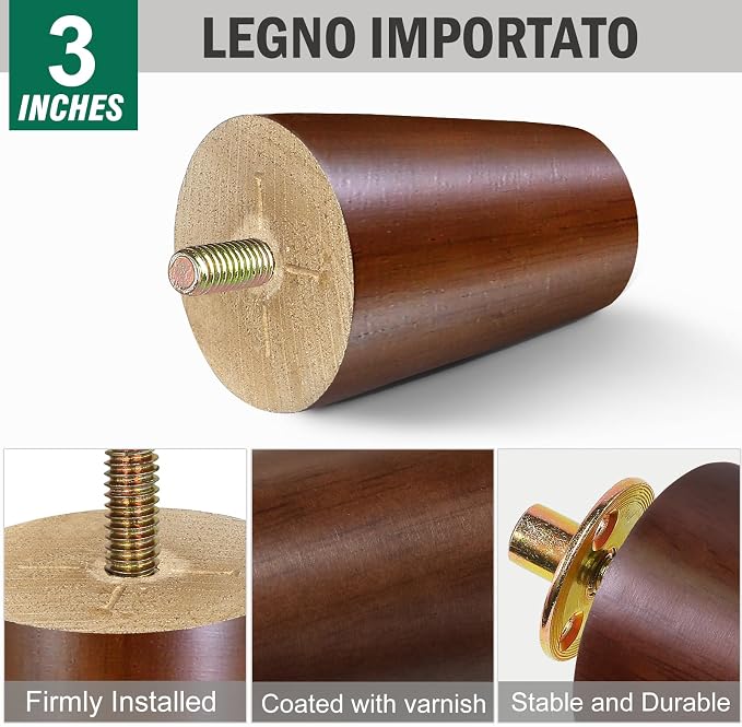FoDau770 Brown Rubber Wood Furniture Legs 3 Inches, 5/16" UNC Straight Tapered Wood Feet Mid Century Sofa Legs, Wooden Furniture Feet Replacement Parts for Cabinet Couch Dresser Chair Ottoman Table