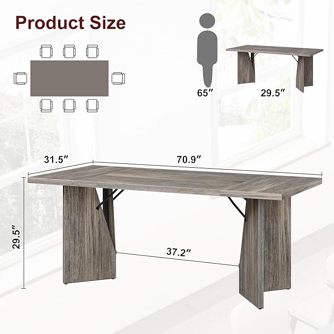 GarveeHome 70.9'' Rectangular Dining Table for 6-8, Wooden Thickened Long Desk, Farmhouse Kichen Table with Sturdy Frame and M-Shaped Legs, for Dining Room, Kitchen, Living Room, Office, Retro Brown