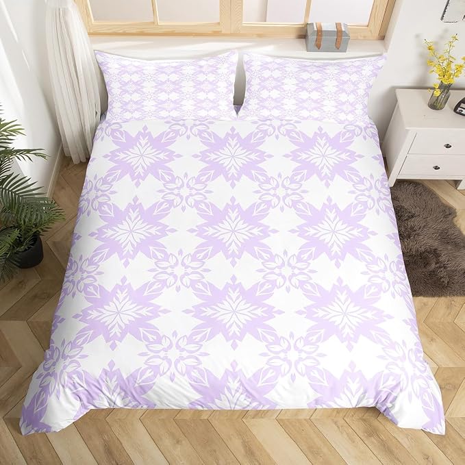 Purple Geometric Floral Duvet Cover Twin for Kids Boys Girls,Classical Damask Flower Comforter Cover,Retro Vintage Art Bedding Set,Mid Century Aesthetic Bed Set with 1 Pillowcase Bedroom Decor