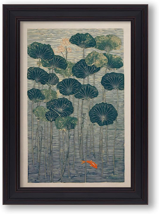 Vintage Framed Lotus And Koi Canvas Poster Japanese Floral Botanical Pond Wall Art Retro Oriental Asian Prints Decor for Bedroom Zen Meditation Room Home 20x30 inch