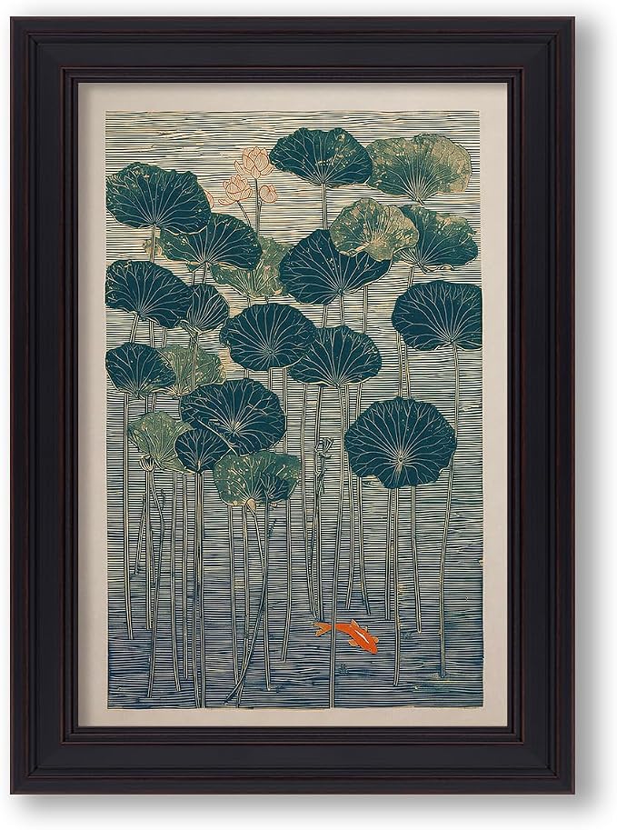 Vintage Framed Lotus And Koi Canvas Poster Japanese Floral Botanical Pond Wall Art Retro Oriental Asian Prints Decor for Bedroom Zen Meditation Room Home 24x36 inch
