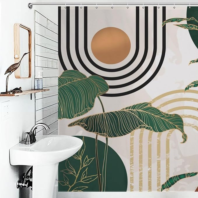 Boho Leaf Shower Curtain,Mid Century Green Tropical Plant Palm Leaves Abstract Minimalist Geometic Arch Modern Waterproof Fabric Bathroom Shower Curtain Set with Hooks,72x84Inch