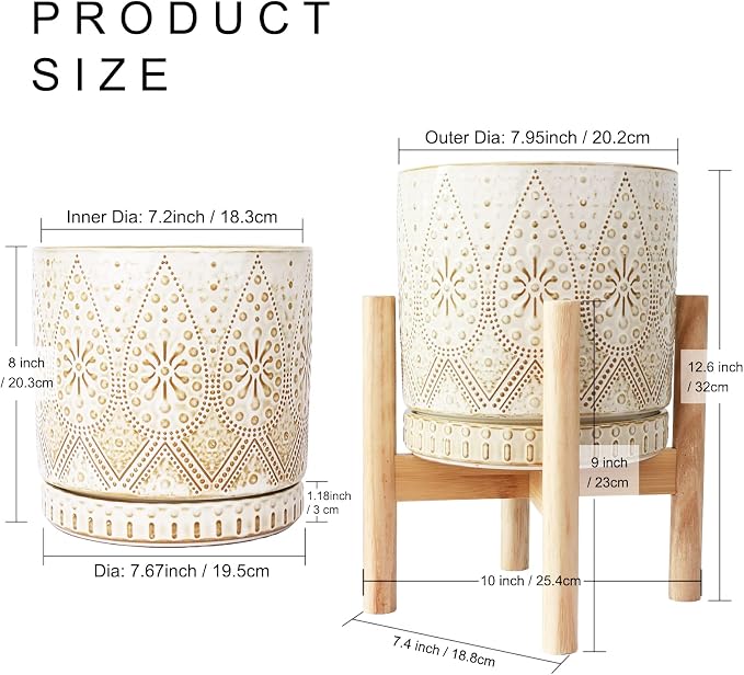 8 Inch Plant Pot with Stand, Ceramic Planter with Drainage Holes, Saucers and Mesh Pads for Indoor-Outdoor Plants