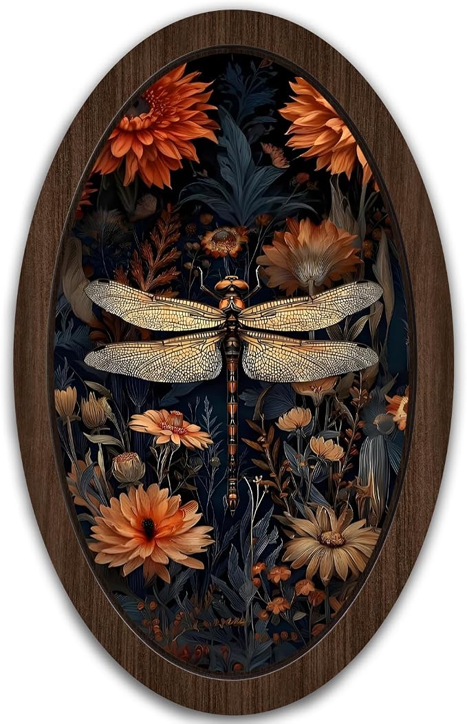 UYIKG Vintage Dragonfly Wall Art Decor,William Morris Dragonfly Floral Oval Wall Decor, Cottagecore Wooden Framed Wall Decorations for Theme Room Home Bedroom Living Room 9x14.6 in
