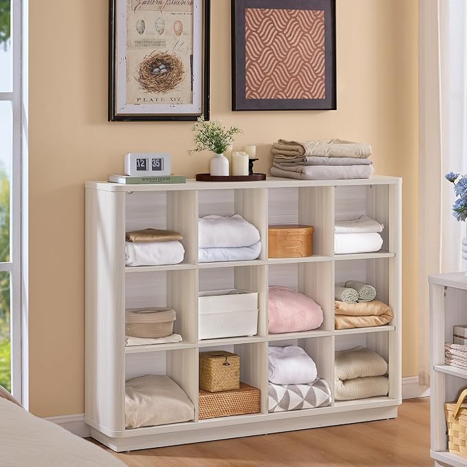 Joaxswe 12 Cube Storage Organizer, 41" Large Bookshelf with Curved Edge, Wood Floor Standing 3-Tier Cubby Bookcase w/Base, Modern Display Storage Cabinet for Living Room, Office, Gray-White Cream Oak