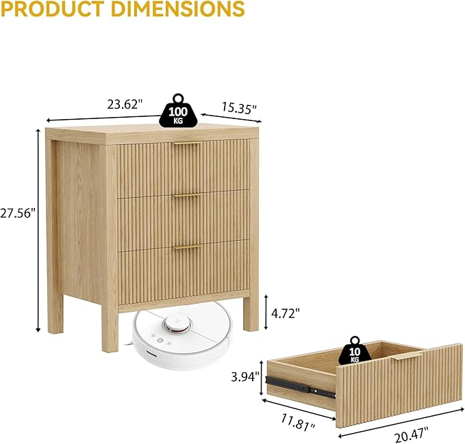Nightstand, Small Nightstand for Bedroom, Modern Bedside Table with Wooden Frame, Dresser with 3 Drawers, Bedside Furniture, Night Stand, Natural
