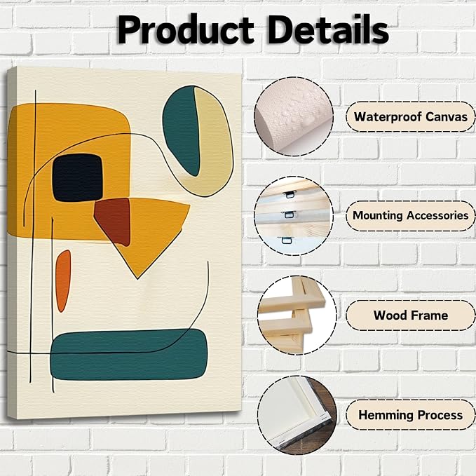 Hotuijxca Color Block Abstract Canvas Wall Art, Color Geometric Abstract Canvas Wall Art, Mid-Century Modern Colorful Block Wall Painting for Living Room, Bedroom, Office (24" x 36" x 3 pcs)