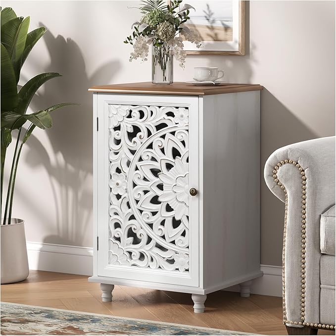 Small Accent Cabinet with Carved Mandala Door, White Storage Cabinet with Solid Wood Legs & Adjustable Shelf, Boho Distressed End Table for Living Room, Bedroom, Entryway Side Table