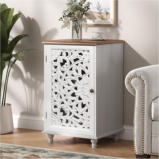 Small Accent Cabinet with Carved Mandala Door, White Storage Cabinet with Solid Wood Legs & Adjustable Shelf, Boho Distressed End Table for Living Room, Bedroom, Entryway Side Table