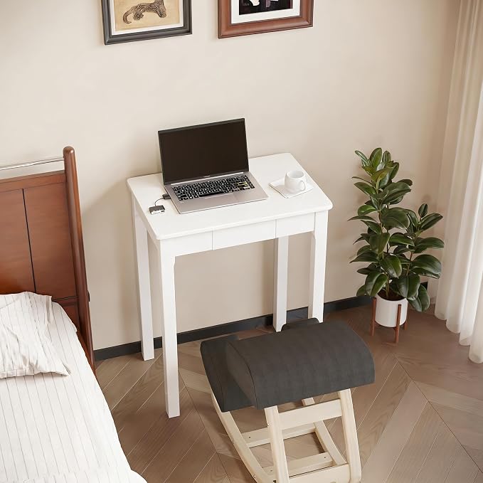 Solid Wood Desk with Drawers - 24 x 16 Inch Simple Narrow Desks, Rubber Wood Study Table, Small Writing Desk for Small Spaces|Bedroom - Modern White Desks