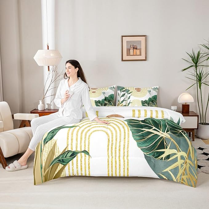 Erosebridal Modern Boho Green Bedding Set Twin Minimalist Mid Century Comforter Set 7 Piece Simple Aesthetic Art Bed in A Bag for Kids Girls Women Minimalism Plant Quilt with Flat Fitted Sheet