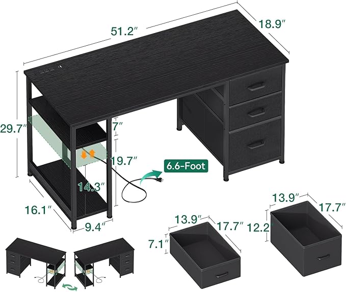 AODK 51 Inch Computer Desk with Drawers & USB Power Outlets, Reversible Home Office Desk with Storage Shelves, Work from Home, Modern Work/Writing/Study Table for Bedroom, Black