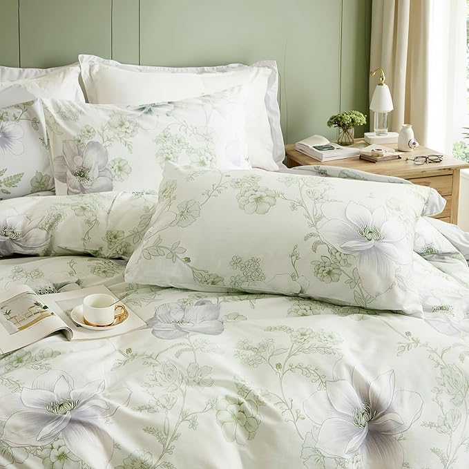 Floral Duvet Cover King Size 100% Cotton Reversible Green Floral Duvet Cover Set with Zipper Closure 3 Pcs Green Leaf Soft & Breathable Bedding Comforter Cover