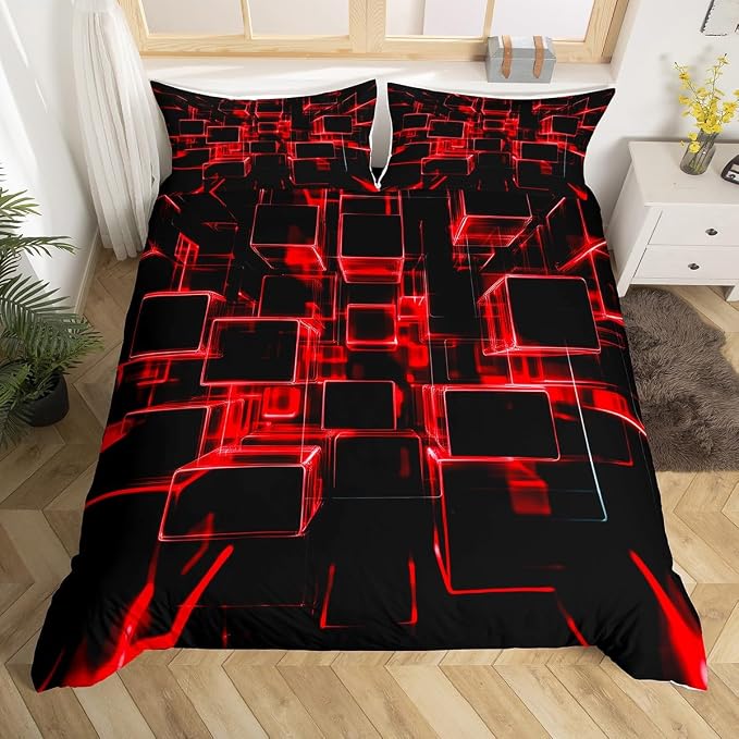 Erosebridal Fire Red and Black Kids Duvet Cover King, Modern Geometric Square Bedding for Boys Girls Gradient Neon Light Honeycomb Bed Set Soft Microfiber Bed Cover with 2 Pillowcases