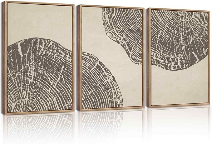 KUVIOKE Framed Tree Rings Wood Wall Art Modern Retro Beige Wood Stump Wall Decor Nature Rustic Art Print for Farmhouse Living Room Bedroom 12x16in (Natural Framed)