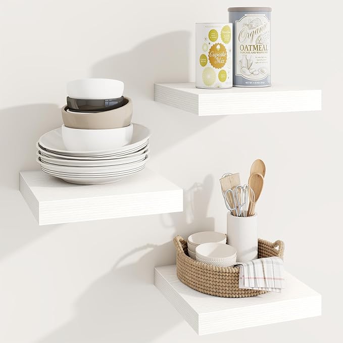 Square Floating Shelves for Wall, 9.25"W x 9.25"D x 1.25"H, 3 Pack Small Wall Mounted Engineered Wood Shelves with Invisible Brackets for Living Room, Bedroom, Bathroom, Kitchen Decor, White