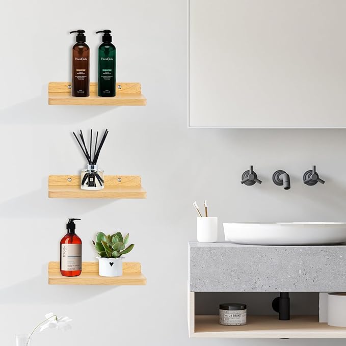 Small Floating Shelves for Wall,5x8.5 Inches Wall Shelf Set of 3,Display Shelf for Bedroom, Bathroom, Kitchen Decor (Wood Color)