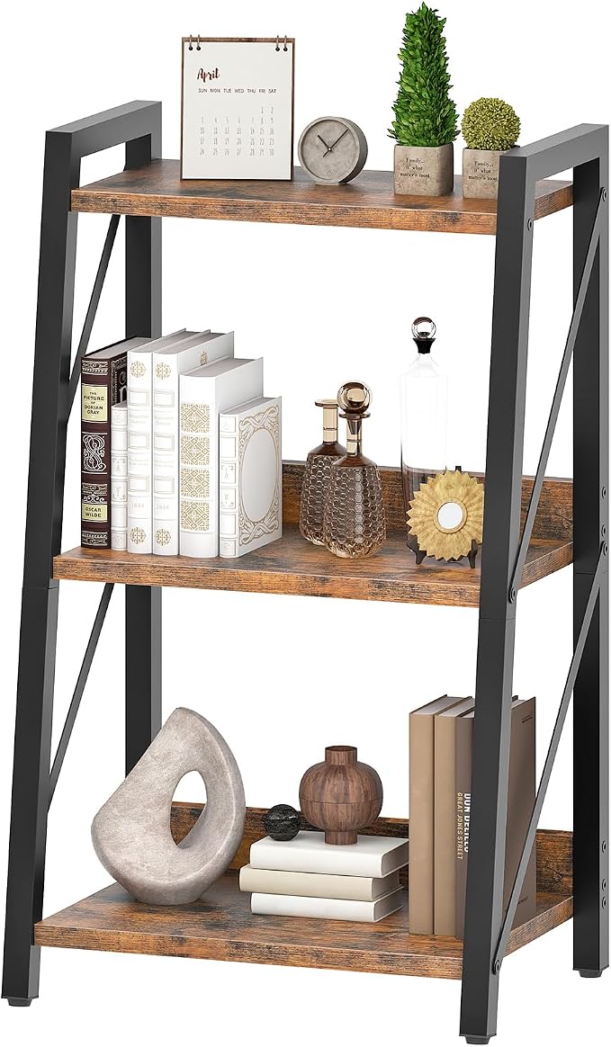 HOOBRO Ladder Shelf, 3-Tier Bookshelf, Corner Bookcase, Small Bookshelf with Metal Frame, for Living Room, Bedroom, Home Office, Kitchen, Rustic Brown and Black BF303CJ01