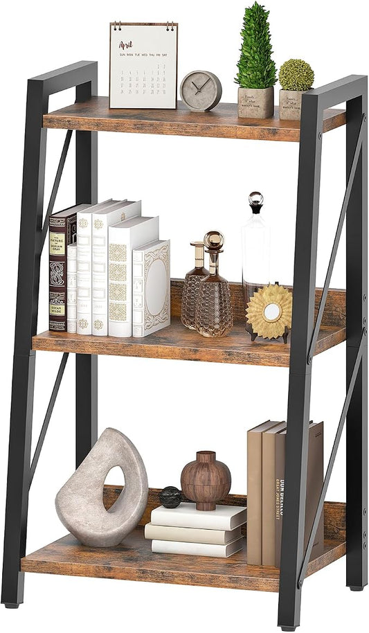 HOOBRO Ladder Shelf, 3-Tier Bookshelf, Corner Bookcase, Small Bookshelf with Metal Frame, for Living Room, Bedroom, Home Office, Kitchen, Rustic Brown and Black BF303CJ01