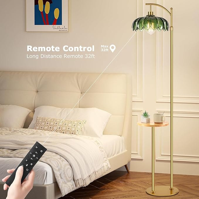 QIYIZM Gold Floor Lamp with Table and Shelves for Living Room Bedroom,Glass Standing Lamp with Remote Dimmable,Boho Brass Tall Lamp Vintage Farmhouse Arc Flower Floor Light Bohemian