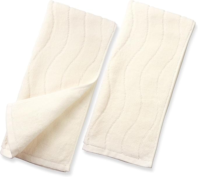 Pack of 2 Quick Dry Hand Towels (13x29 Inches, Beige) - 100% Cotton Face Towels for Bathroom Hotel Spa, Wavy Striped Jacquard