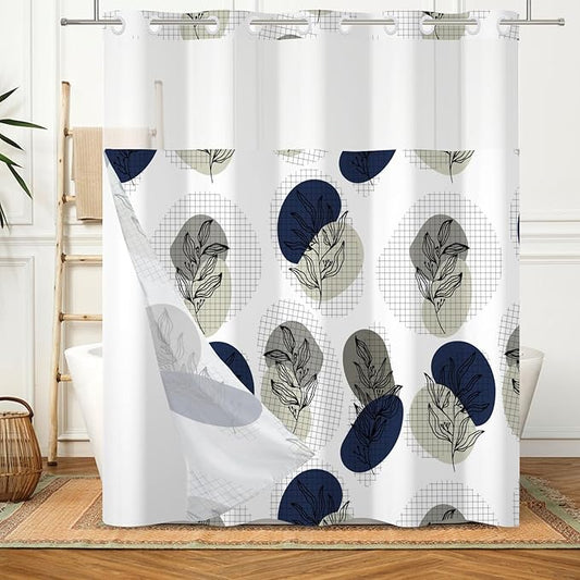 No Hook Shower Curtain with Snap in Liner Boho Shower Curtain for Bathroom Waterproof Fabric Creative Gray and Blue Plant Botanical Bath Decor Machine Washable 71x74 Inch