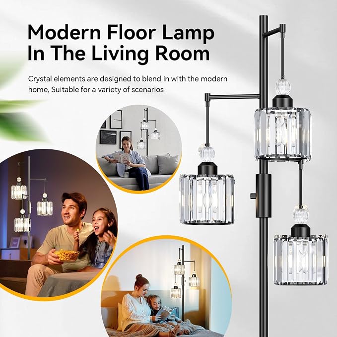 Black Tree Floor Lamp with 3 Crystal Cage Lampshades & Dimmable Bulbs - 70" Vintage Glam Standing Lamp for Living Room Bedroom, Industrial Modern Decor with Crystal Ball Accents (Black)