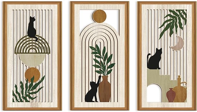 Ausril 3Pcs Boho Black Cat Wall Decor,Boho Cats Wall Art,Mid Century Modern Decor Black Kitty,Abstract Geometric Cats Artwork,Minimalist Botanical Bohemian Cat Wood Art for Home Bedroom Living Room