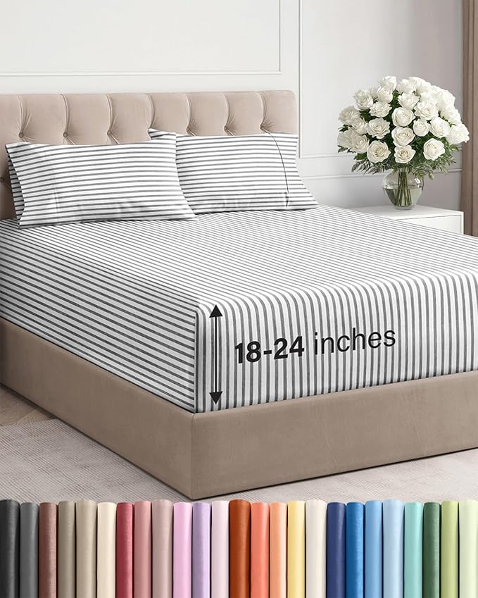 Extra Deep Twin Sheet Set - 4 Piece Breathable and Cooling Sheets - Hotel Luxury Bedding for Women, Men, Kids & Teens - Easy & Secure Fit - Soft and Wrinkle Free - Extra Deep Pockets - Grey Stripes