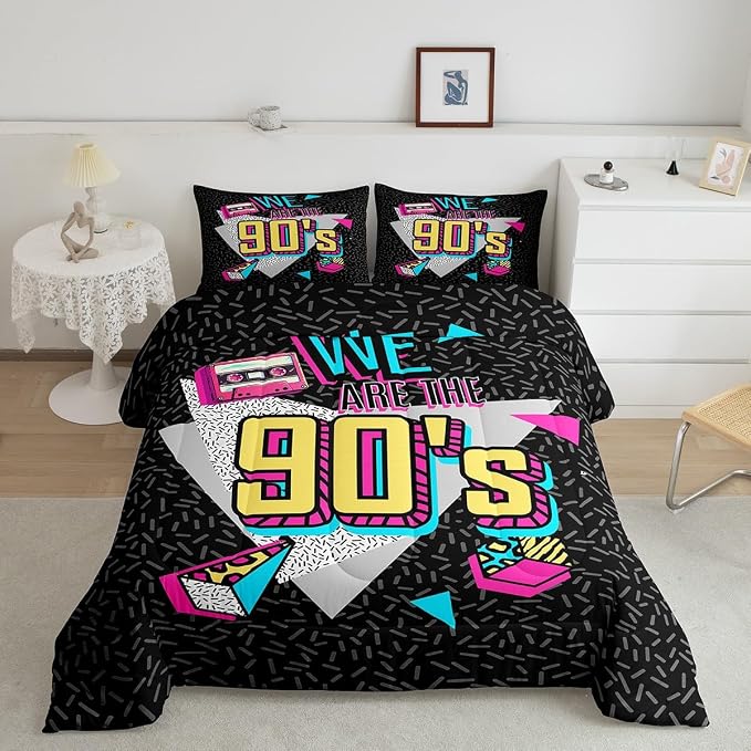 Manfei Memphis Comforter Set King Size, Retro 90s Fashion Style Quilt Set with 2 Pillowcases, Geometric Triangle Diamond Bedding Set 3pcs for Kids Boys Room Decor Lightweight Duvet Insert
