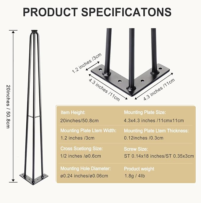 HONG SHENG 20Inch Hairpin Table Legs Black Set of 4 Desk Legs,1300lbs Load Capacity ， Rodsfor Coffee Table, Night Stand Desk Bench，Desk, Bench Desk Dining End Table Chairs