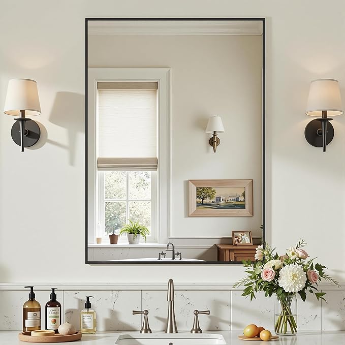 Bathroom Mirrors for Over Sink 24" x 32", Black Metal Frame Rectangle Wall Mirror, Modern Farmhouse Vanity Mirror(Horizontal/Vertical)