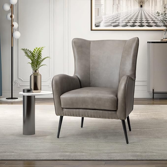 HULALA HOME Faux Leather Accent Chair with Removable Cushion, Comfy Upholstered Armchair with Black Metal Legs & Nailhead Trim Wingback Vanity Chair for Reading Living Room Bedroom, Grey
