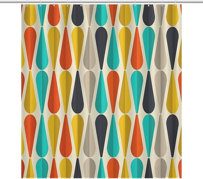 Mid Century Modern Shower Curtain,Colorful Abstract Geometric Drop Shapes Art Style Shower Curtains Set for Bathroom Fabric Decorative Bath Curtain Washable Curtain Hooks, 72x72 inch