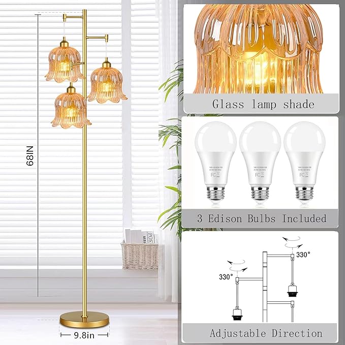 Glass Floor Lamp for Living Room,Bedroom,Mid Century Modern Standing Lamp Brass Tree 3 Light Tall Floor Lamps Vintage Floor Lights Gold Tulip Flower Lamp Shade Farmhouse Boho Bohemian